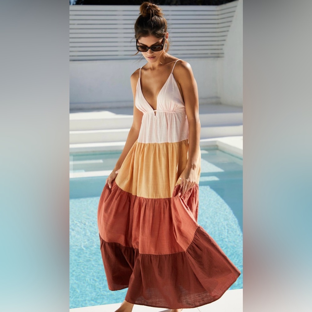 Anthropologie Colorblock Maxi Dress - Pink, Beige, Coral, Rust.  GORGEOUS